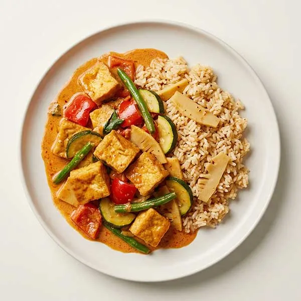 Red Thai Tofu Curry With Fragrant Bamboo Shoot Rice